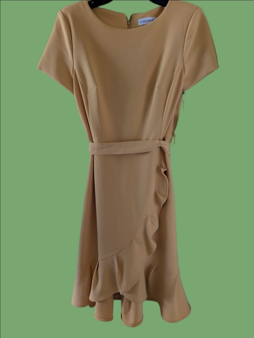 Calvin Klein Ruffle-Hem Short Sleeve Belted Dress in Mustard NWT Sz 4